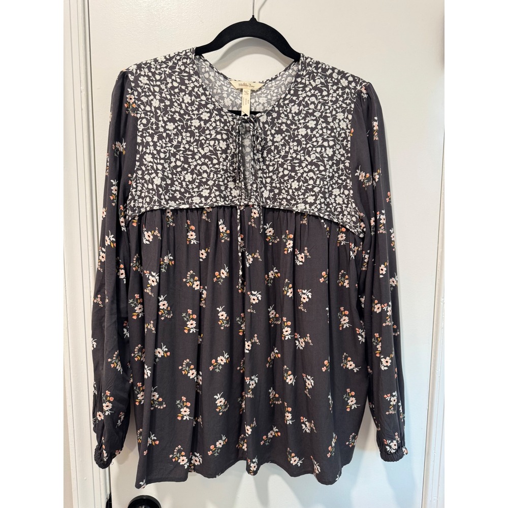 Matilda Jane Womens Gray Mixed Floral Print Boho Babydoll Blouse Medium Rayon
